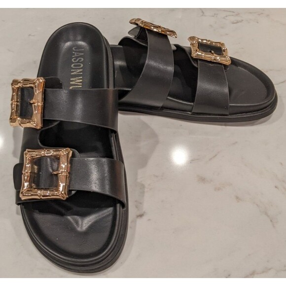 Women's JASON WU Marzan Luxe Black Leather Gold Buckles Slides Sandals 7.5 - Picture 8 of 11